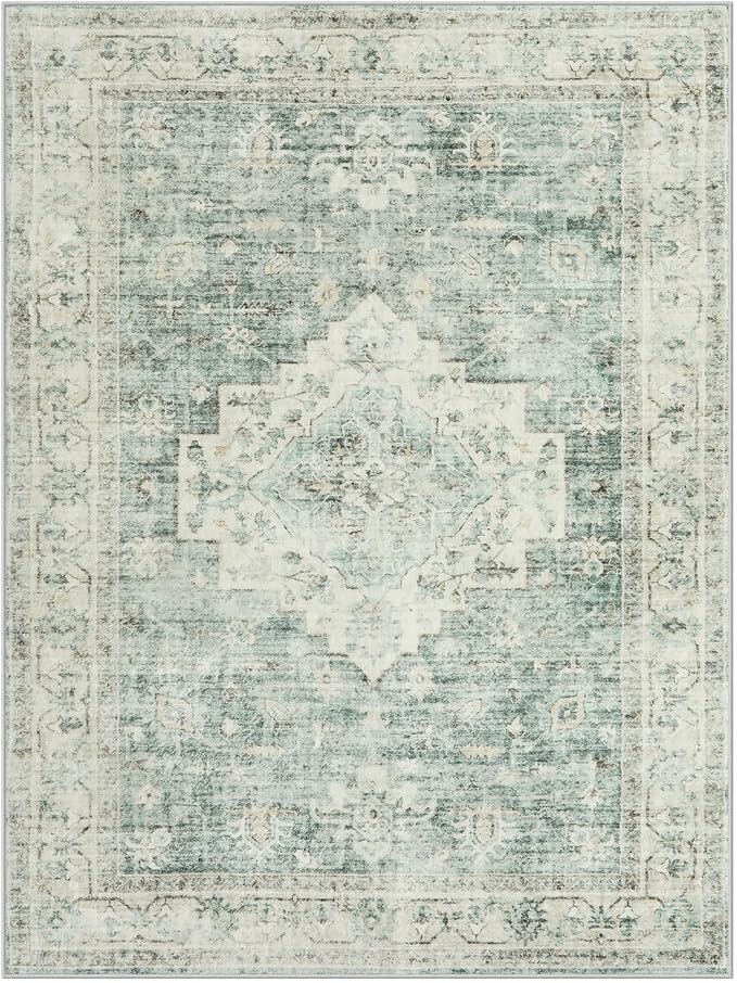 LIVEBOX Washable Area Rug 9x12 Rugs for Living Room Bedroom, Non-Slip Boho Indoor Carpet for Dining Room Office, Low-Pile Farmhouse Soft Carpets for Kids Nursery Playroom, Sage Green