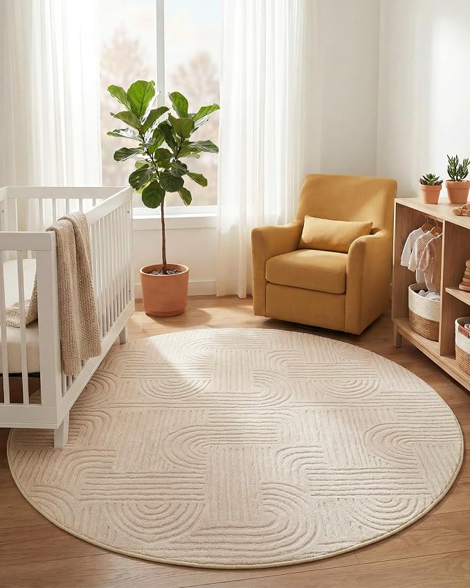 Carvapet 5.2' Round Rug Beige Washable High Low Pile Area Rugs Soft Plush Carpet for Living Room Bedroom Non Slip Indoor Floor Rug for Home Kids Nursery Decor