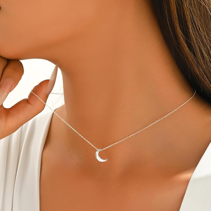 Crescent Moon Necklace for Women, 925 Sterling Silver Crescent Choker Necklace 14K Gold Plated Dainty Half Moon Pendant Necklace for Mother Daughter Mother Wedding Graduation Jewelry Gift