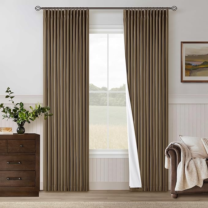 Dutch Cocoa Pinch Pleated 100% Blackout Linen Curtains 84 Inch Length 40x84 | Room Darkening Black Out with Liner, Noise Reducing, Pleat Back Tab, Dark Brown Window Curtains, for Living Room Bedroom