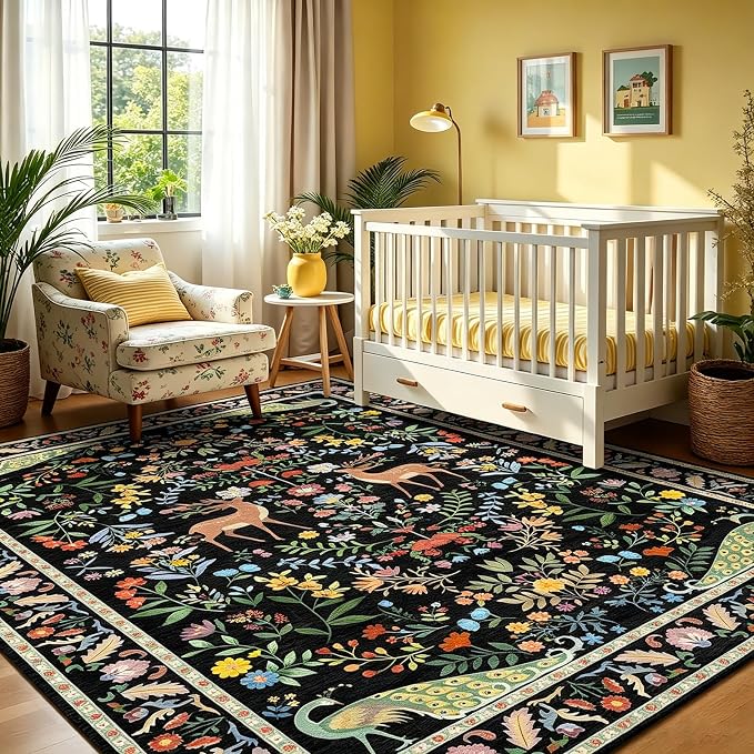 5x7 Black Washable Rug for Living Room - Foyer Rugs for Entryway, Bedroom, Home Office, Floral Indoor Décor