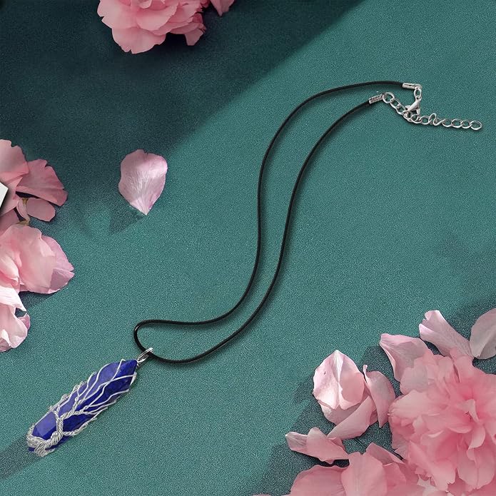 VIBILIA Healing Crystal Necklace Tree of Life Wire Wrapped Natural Stone Point Pendant Necklace Hexagonal Reiki Spiritual Quartz Gemstone Jewelry for Women Men