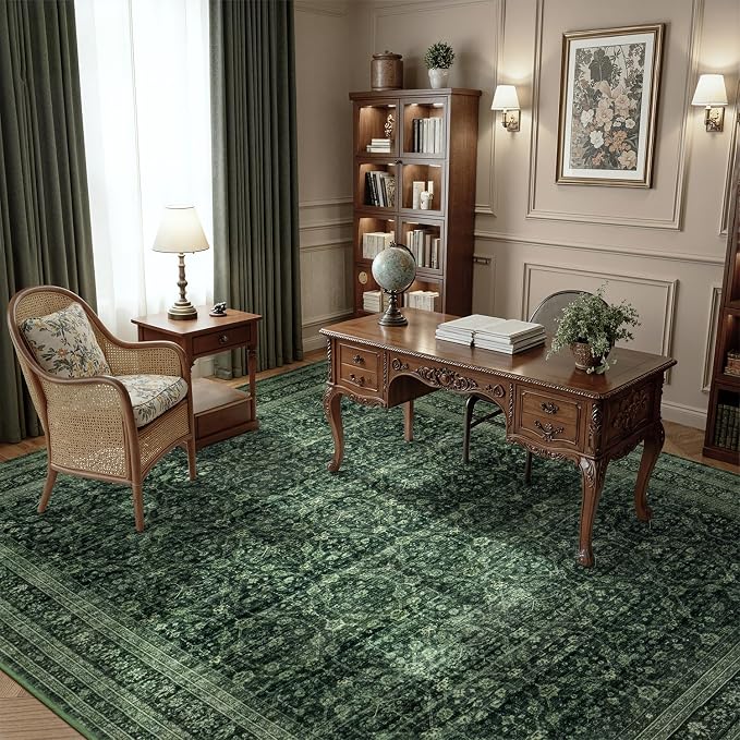6x9 Area Rugs for Living Room Bedroom, Washable Large Rugs Non-Slip | Vintage Distressed Retro; Low Pile; Stain Resistant; Neutral Boho Carpet for Dining Room, Nursery, Home Office; Moss Green