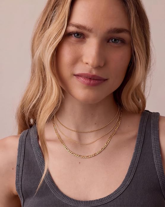Tewiky Layered Necklaces for Women Non Tarnish- Chunky 14k Gold Plated Herringbone/Snake/Rope/Box/Cuban Link Chain for Women Waterproof Layering Stack Choker Necklace Trendy Dainty Tarnish Free Jewelry Set