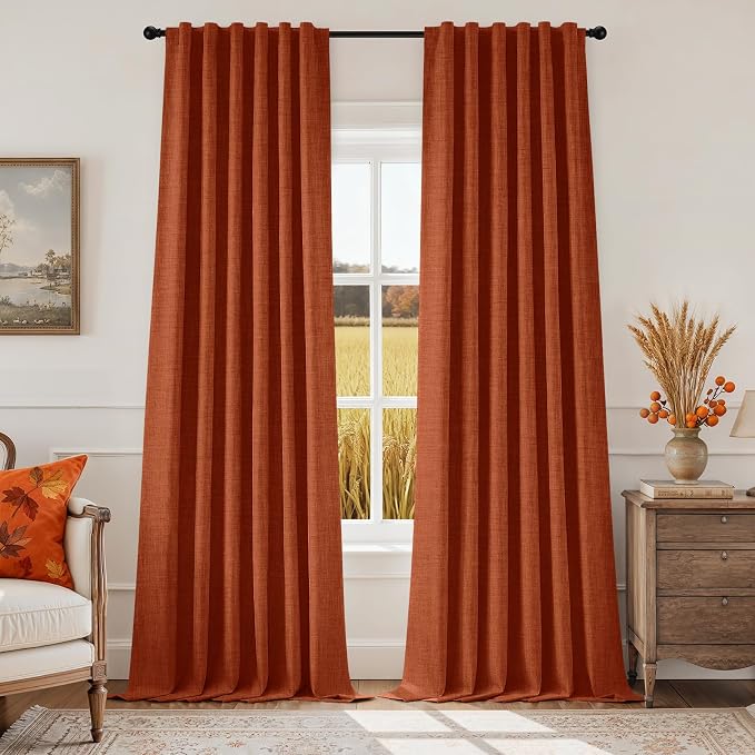 HOMEIDEAS 100% Blackout Faux Linen Curtains,Burnt Orange Modern Farmhouse Luxury Curtains 84 Inches Long 2 Panels, Rod Pocket & Back Tab for Boho Vintage Living Room,Bedroom Decor