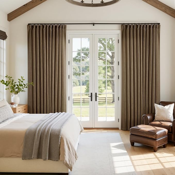 Extra Wide 84 Inch Long Curtains 70 Inch Wide Pinch Pleat Linen Curtains for Living Room Bedroom Light Filtering Privacy Pleated Drapes Hooks Rings Back Tab for Sliding Door Dutch Cocoa 1 Panel