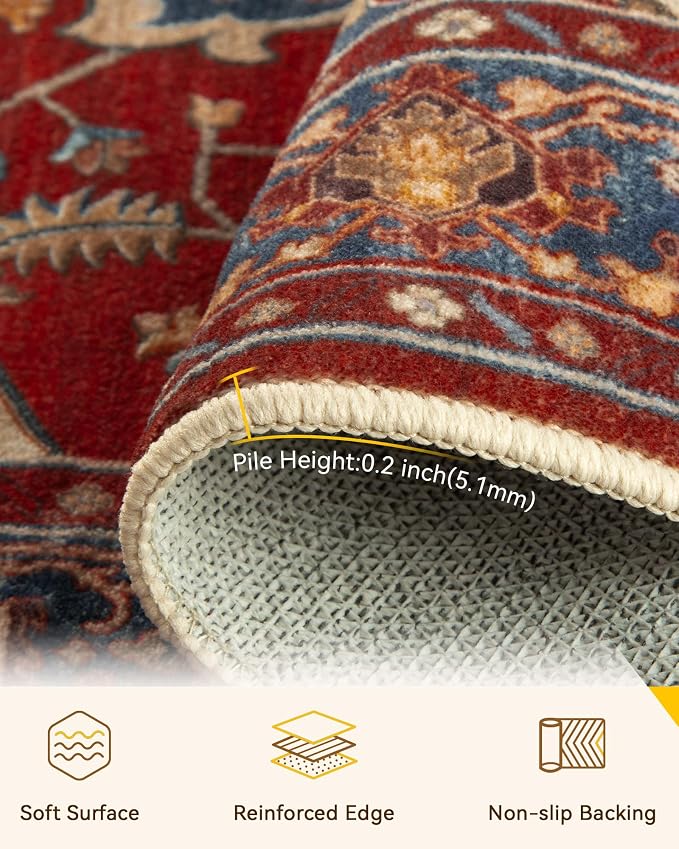 RELEANY Area Rugs Round 4ft Washable Non-Slip, Floral Vintage Distress Medallion Carpet for Living Room Bedroom Dining Room, Red Blue
