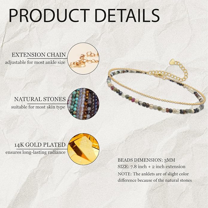 Ankle Bracelet for Women, Dainty 18k Gold Natural Stone Beaded Anklet Adjustable Double Ankle Chain Waterproof Summer Boho Foot Jewelry Birthday Anniversary Graduation Gifts