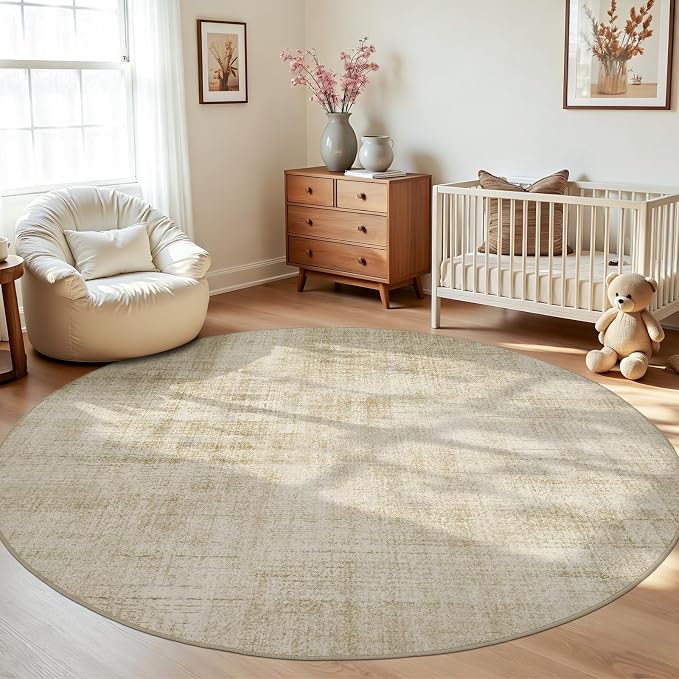 Joydeco 8ft Round Washable Area Rug Classic, Beige | Non-Slip Large Circle Carpet Low Pile for Living Room Bedroom Dining Room