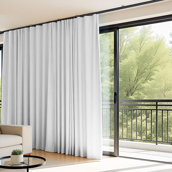 Room Divider Curtains Flexible Ceiling Tracks set Curtain track Ceiling Mount Blackout Curtain for Living Room Bedroom Ceiling Curtain Rod Privacy Divider Panel W15xH8FT GreyishWhite Drape&Black rail