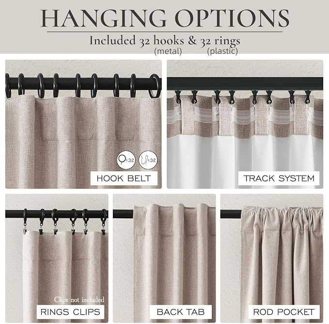 QJmydeco Black Out Linen Boho Curtains 63 Inch Long, Living/Bedroom Curtains 63 Inches Length 2 Panels Set Drapes for 64"Window Energy Saving Noise Reducing Nursery (50"W x 63"L) Back Tab,Hook Belt