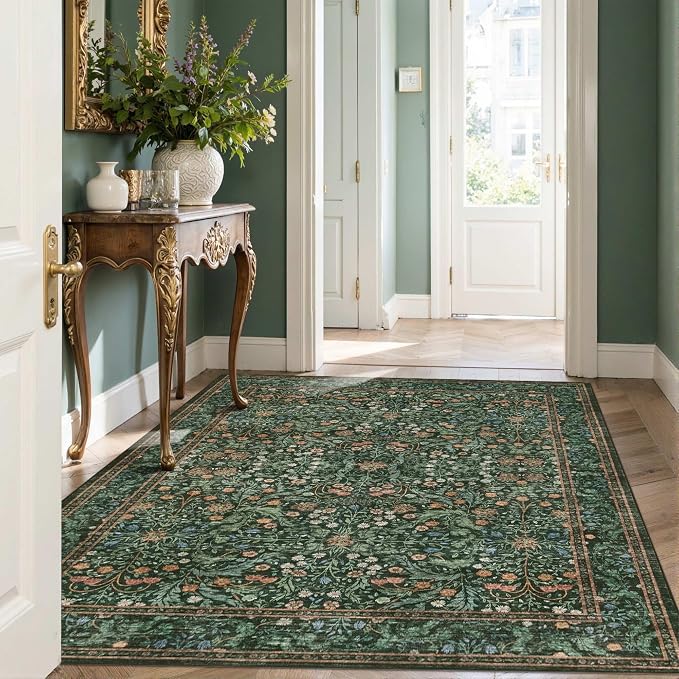 Rugxara Green Floral 4x6 Area Rug Washable Rug for Living Room Bedroom | Non Slip, Throw Rug for Entryway Dining Room Office Kids Room, Stain Resistant, Soft, Low Pile, Vintage Boho Carpet