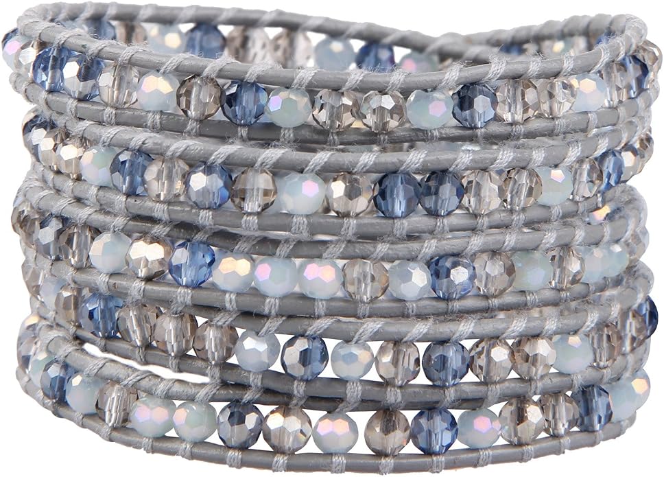 KELITCH Pearl Crystal Beads Bracelets Handmade Natural Leather 5 Wrap Bracelet for Women Classic Bangle Jewelry
