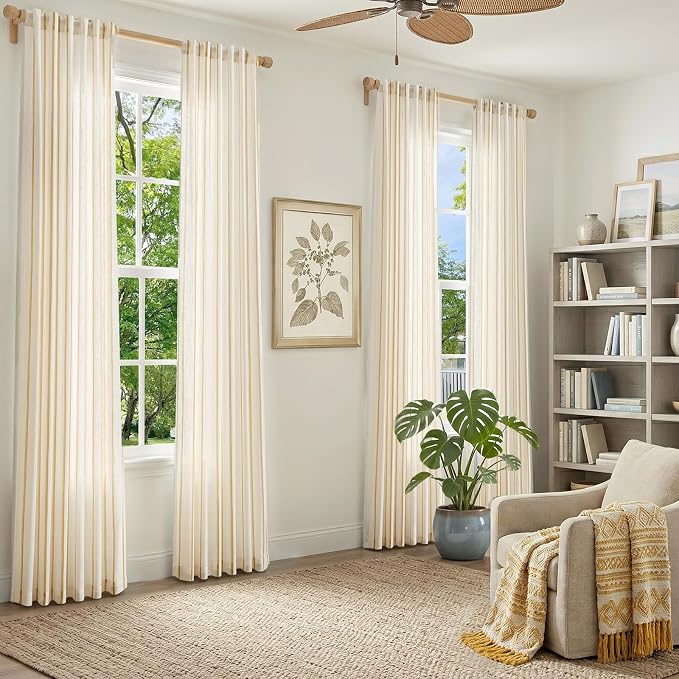 Vangao Striped Curtains Yellow on White Semi Sheer Curtains 84 Inches Long for Living Room Bedroom Modern Farmhouse Linen Textured Light Filtering Drapes 2 Panels Mustard Yellow W50 x L84 Inch