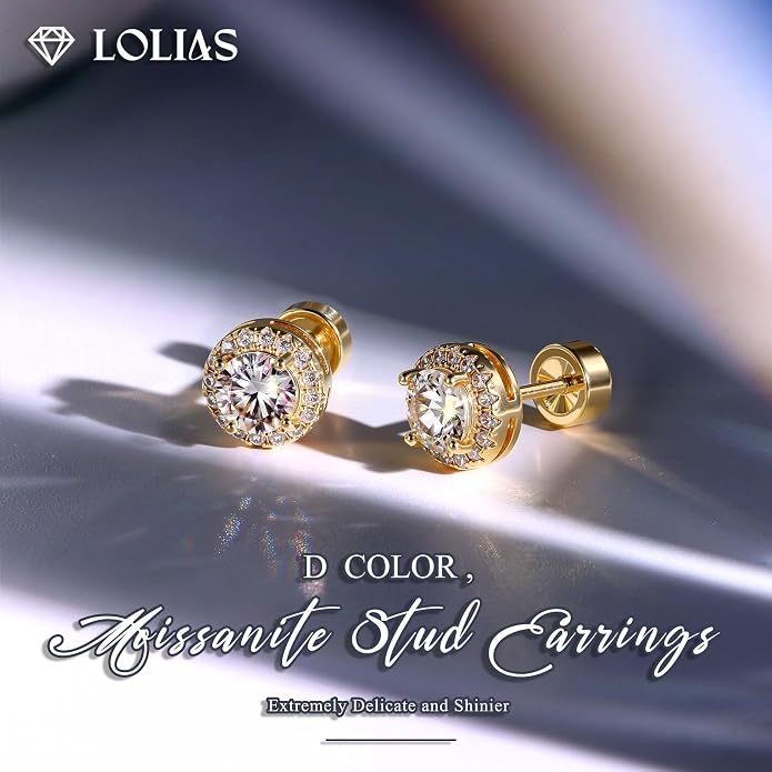 Moissanite Stud Earrings with Flat Back - 925 Sterling Silver D Color VVS1 Moissanite Earring for Women Men,14K White Gold Plated Brilliant Halo Stud Earrings Hypoallergenic Jewelry for Sensitive Ear