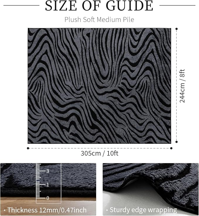 YIHOUSE 8×10 Ft Zebra Area Rugs Black and Grey: Washable Nonslip Plush Soft Rug for Living Room - High-Low Striped Carpet for Bedroom Dining Room Office Playroom Nursery Home Decor