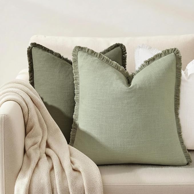 decorUhome Linen Fringe Sage Green Throw Pillow Covers 24x24 Set of 2 | Euro Sham Decorative Soft Accent Modern Boho Farmhouse Cushion Covers with Tassels Cotton Pillow Covers for Couch Bed Sofa