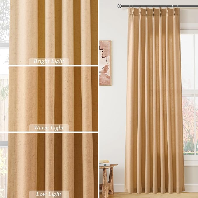 Aersas Camel Linen Pinch Pleated Curtains 90 Inches Long 2 Panels Set Pleat Semi Sheer Modern Farmhouse Drapes Flax Texture Fabric Window Treatments with Hooks for Bedroom, 40 Inch x 90 Inch