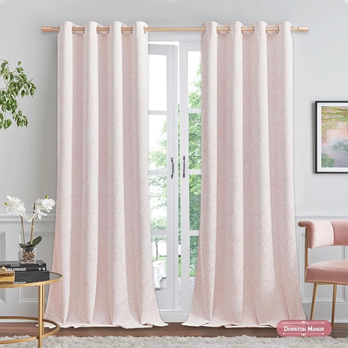 Beauoop Pink Floral Jacquard Blackout Curtains for Bedroom 52x84 2 Panels | Flower Chenille Room Darkening Drapes for Living Room 84 Inch Long Thermal Insulated Soundproof Window treatment Grommet