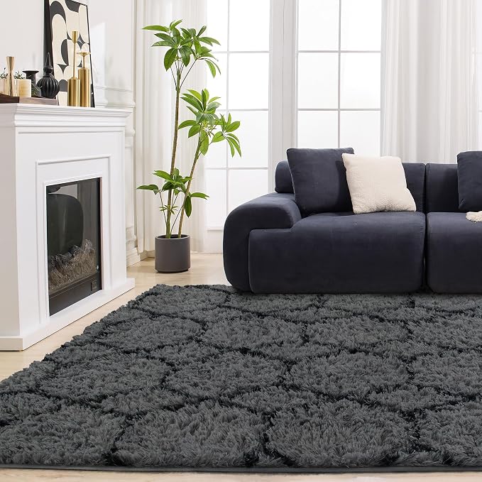 Fluffy Rug for Bedroom, Soft 5x7 Grey Shag Plush Geometric Area Rugs | Modern Grey and Black Rug, Non Slip Carpet for Living Room, Aesthetic Home Decor, Fuzzy Floor Mat for Nursery Teen Dorm