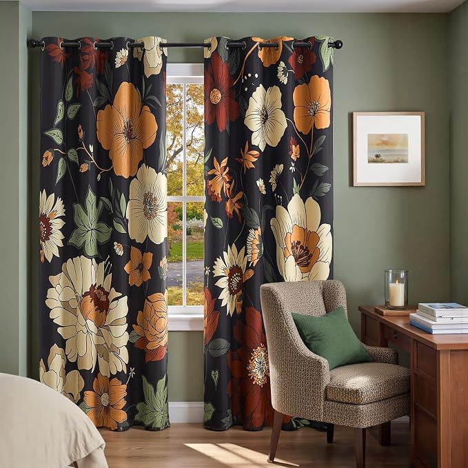 jinchan Black Boho Floral Blackout Curtains 84 Inch Grommet 4 Panels | Room darkening, Vintage, living room, bedroom, privacy, floral print, flower pattern, fall decor, window treatments