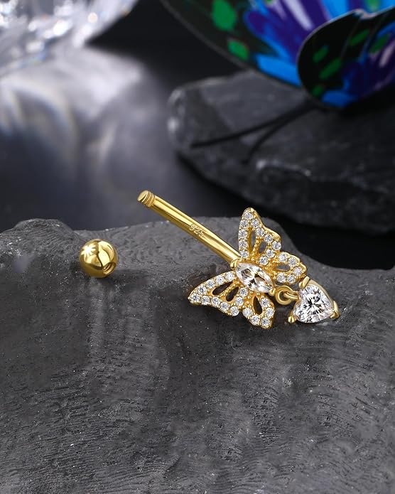 14K Gold Plated Belly Button Rings - 925 Sterling Silver Navel Rings for Women - 14G Belly Piercing Jewelry