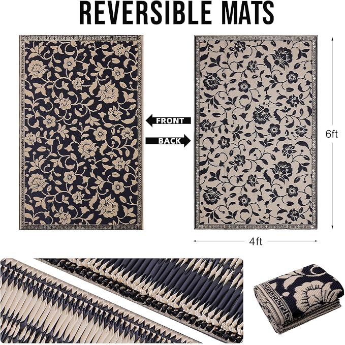 OLANLY Waterproof Outdoor Rug 4x6 ft, Outdoor Plastic Straw Rug with Flower Pattern, Reversible RV Mat for Patio, Camping, Balcony, Deck, Backyard, Black & Beige