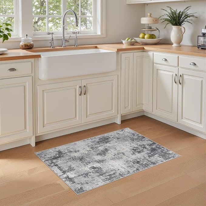 Washable Rug 2x3 Area Rugs for Entryway: Modern Abstract Neutral Soft Indoor Carpet for Front Door Kitchen Bathroom Bedroom Laundryroom - Grey