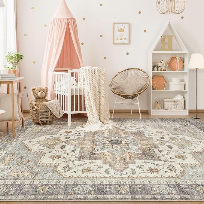 Tortania Area Rug Living Room Rugs - 8x10 Washable Boho Rug Vintage Oriental Distressed Farmhouse Large Thin Indoor Carpet for Living Room Bedroom Under Dining Table Home Office - Greige