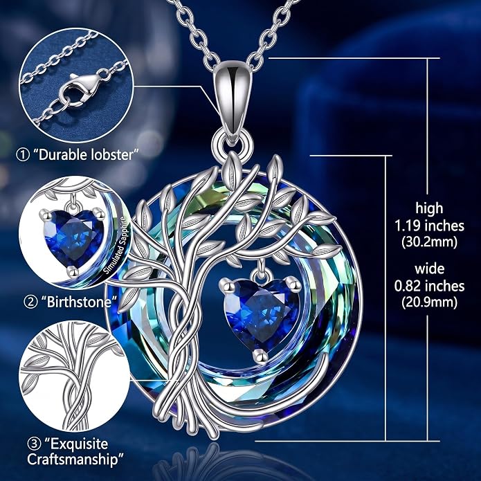 CRMAD Tree of Life Necklace Birthstone Pendant Necklaces with Crystal Anniversary Birthday Wedding Jewelry for Mom Her Wife Sister
