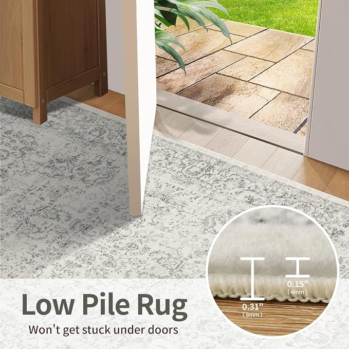 Rugxara Washable Area Rug for Living Room, Neutral Vintage Boho Rugs for Office, Dining Room, Kids Room, Farmhouse, Durable Low Pile Non Slip Carpet for High Traffic Areas, Light Grey(4x6 ft)