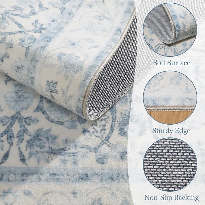 Washable Rugs for Living Room: 9x12 Area Rugs for Bedroom Ultra Soft Non-Slip Low Pile Vintage Boho Large Carpet for High-Traffic Dining Room - Farmhouse Decor