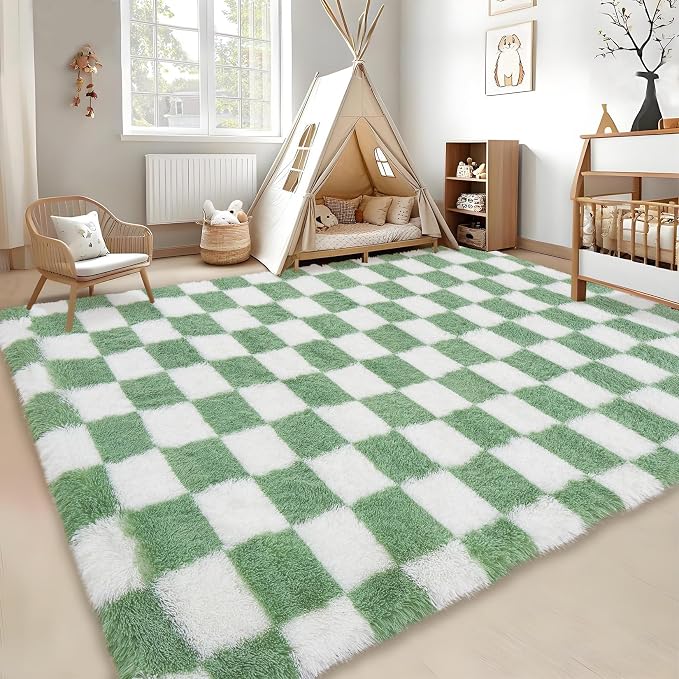 Garvee Checkered Area Rug 9x12 Large Rug Thick Super Soft Shaggy Rugs Fluffy Carpet Fluffy Fuzzy Shag Washable Rugs for Living Room Nursery Bedroom Luxury Playroom Teen Plush Carpets,Green White