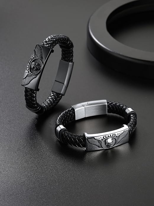 ChainsHouse Mens Wrap Braided Leather Black Bead Bracelets Bangles, Vintage Star of David/Wing Skull/Templar Cross Genuine Leather Bracelet, Customize Available, Size 7.5/8.3/9.0 Inch, Send Gift Box