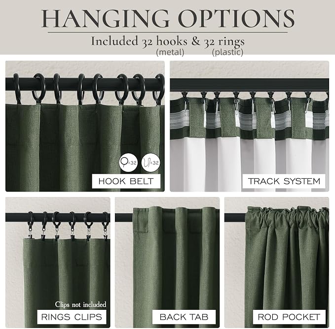 QJmydeco Dark Green Curtains 84 Inches Long, Blackout Spring Curtains for Living Room Cooling Heat Reflective Linen Look Vintage Drapes for Bedroom Back Tab Pleated (Olive,2Panels W50 xL84)