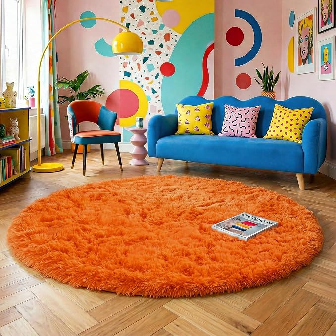 Amdrebio Orange Round Circle Rug 5Ft for Bedroom Living Room, Fluffy Fuzzy Shaggy Area Rugs for Kids Room Decor Aesthetic, Cute Furry Plush Shag Carpet for Baby Nursery Dorm Playroom, Teen Girls Boys