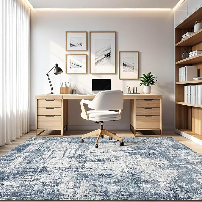 7x9 Area Rug Living Room: Washable Large Abstract Modern Soft Rug Stain Resistant Indoor Non-Slip Carpet for Bedroom Dining Room Nursery Kids Playroom Office Home House- Blue White