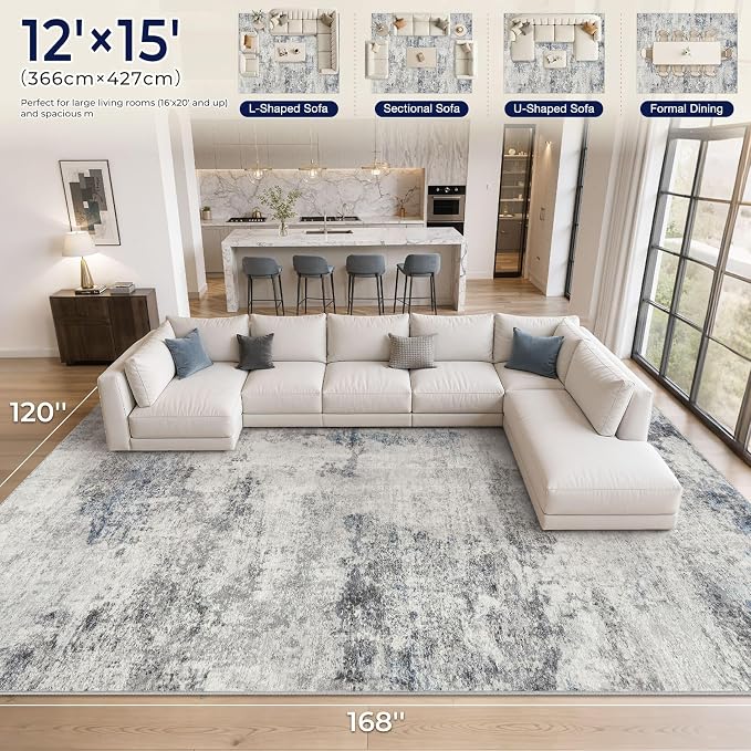 DMOYEST 12x15 Area Rug for Living Room, Washable & Non Slip Large Indoor Carpet, Kid & Pet Friendly Soft Thin Low Pile Abstract Rug for Bedroom and Office - Grey Blue