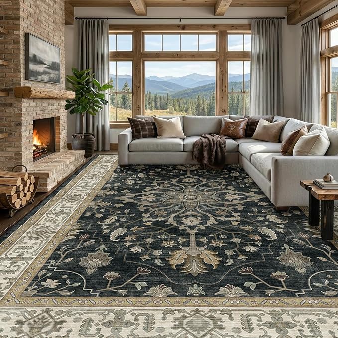 RELEANY Area Rugs 8'x10' Washable Non-Slip, Floral Vintage Distress Medallion Carpet for Living Room Bedroom Dining Room, Vintage Black Brown Neutral