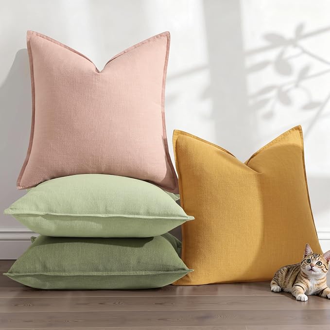 decorUhome Fall Mustard Yellow Linen Throw Pillow Covers 24x24 Set of 2 | Decorative Soft Cozy Modern Farmhouse Boho Accent Pillow Cases with Flange Edges for Couch Bed Sofa Living Room Home Decor