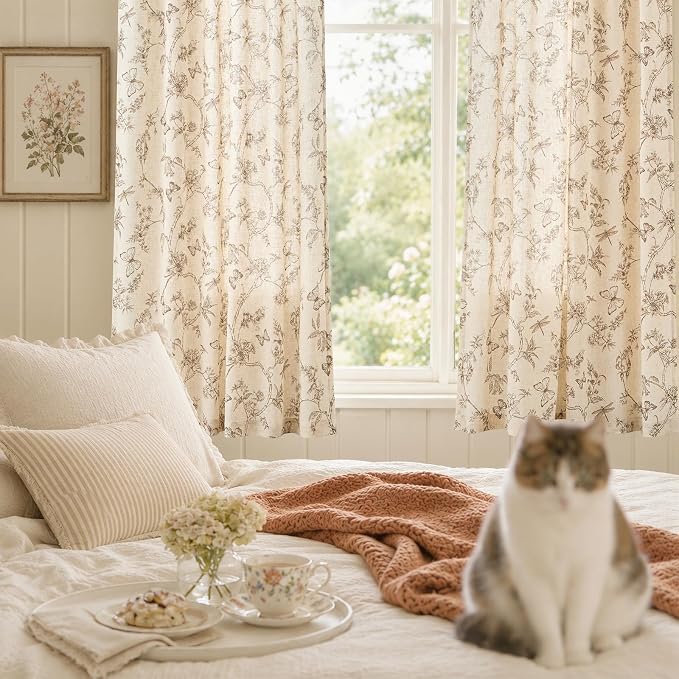 Lazzzy Charlotte Linen Cottage Core Curtains Taupe Floral Curtains 63 Inch Length Back Tab Drapes for Living Room Bedroom Light Filtering Country Vintage Rod Pocket Curtain, 2 Panels, Taupe on Beige