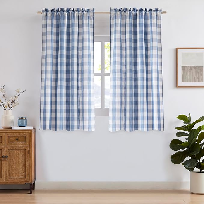 Dusty Blue and White Buffalo Plaid Semi Sheer Curtains 63 Inch | Gingham Pattern Light Filtering Drapes for Bedroom Living Room,Farmhouse Window Treatment,Rod Pocket,52"Wx63"L,Pack of 2