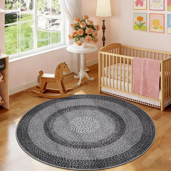 Modern Bordered Round Area Rug 4ft Washable Bedroom Circle Rugs Non Slip Stain Resistant Dining Room Round Throw Carpet Contemporary Circle Mats for Living Room Kitchen Nursery, Black