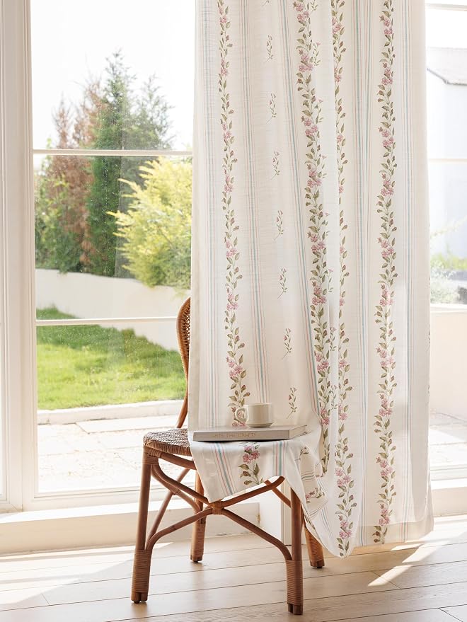 DrapePalette - Linen Blend Pinch Pleated Curtains 96 Inches Long for Living Room, Bedroom, Dining Room, Light Filtering Curtains 2 Panels Set, Modern Floral Printed Design, Pink Pearl, 30" W x 96" L