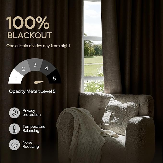 HOMEIDEAS 100% Blackout Faux Linen Curtains,Beige Modern Farmhouse Winter Boho Curtains 63 Inches Long 2 Panels, Rod Pocket & Back Tab for Vintage Living Room,Bedroom Decor