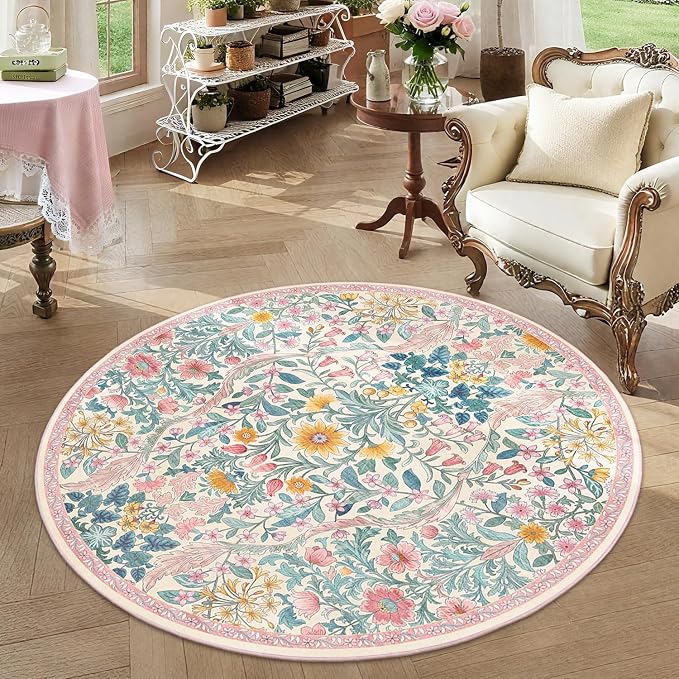 Round Rug 4ft Light Pink Washable Floral Circle Rug,Vintage Boho Botanical Round Area Rugs, Non-Slip Soft Low-Pile Circular Carpet for Girls Bedroom,Kids Room,College Dorm,Home Decor