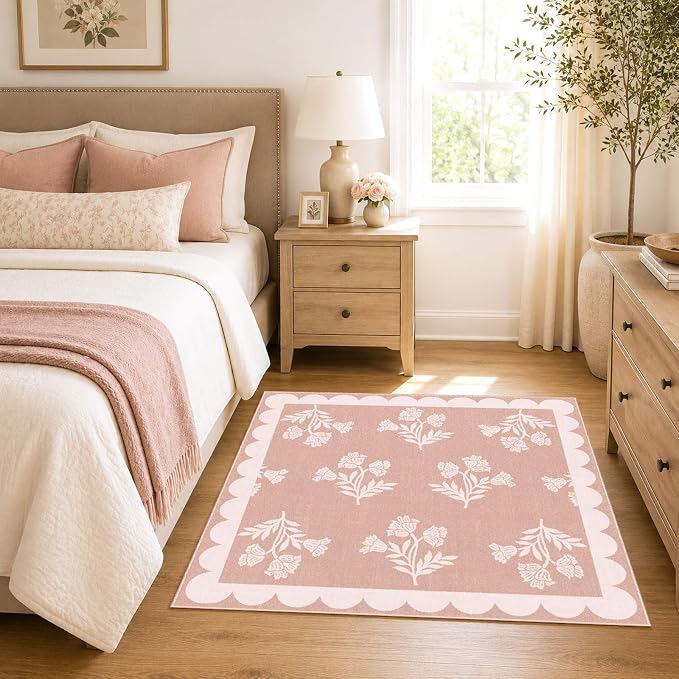 Pink Square Rug 3ft - Soft Washable Floral Boho Bathroom Rug Non Slip 3x3 Stain Resistant Cute Scalloped Square Small Accent Throw Rugs for Entryway Girls Bedroom Kitchen Dorm Bath Powder Room