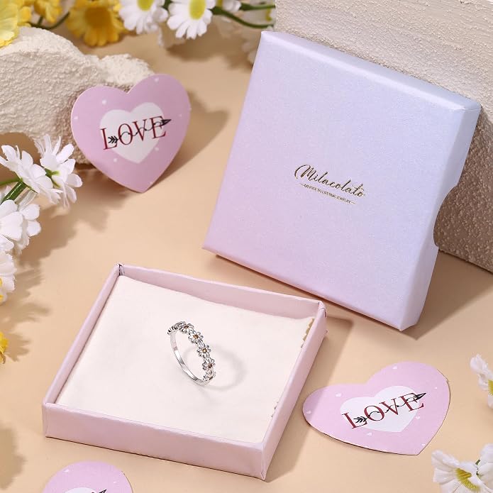 MILACOLATO 925 Sterling Silver Ring for Women, 18K Gold Plated Cubic Zirconia Daisy Flower Promise Rings for Her, Sunflower Stacking Statement Wedding Band Ring Size 5-11 (Anniversary/Valentine's/Mothers Day Jewelry Gifts)