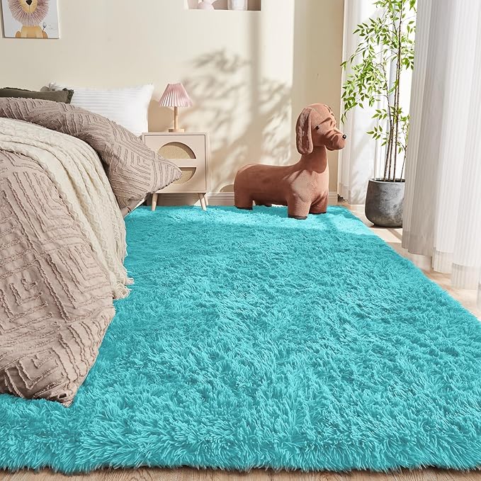 OPPODREAM 9x12 Aqua Blue Rugs for Bedroom, Ultra-Soft Fluffy Area Rugs for Living Room, 9 x 12 Shag Carpet for Nursery, Kids, Girl, Boy, Baby, Plush, Fuzzy, Shaggy, Cute Home Decor