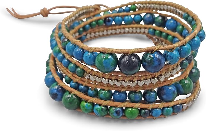 MGR MY GEMS ROCK! 35-Inch Long Multi-Layer Hand Crafted Gemstone and Crystal Multi-Stone Beaded on Genuine Leather Boho Style Stackable Super Wrap Bracelet, up to 5 Wraps.